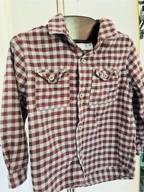 Zara Kids Plaid Button-Up Shirt in Burgundy and gray